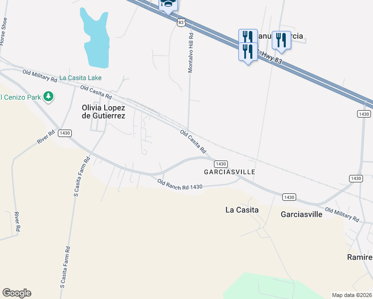 map of restaurants, bars, coffee shops, grocery stores, and more near 248 Old Casita Road in Rio Grande City