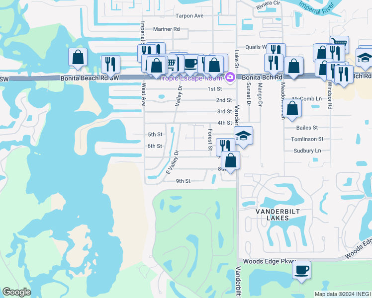 map of restaurants, bars, coffee shops, grocery stores, and more near 13 Maurys Way in Bonita Springs