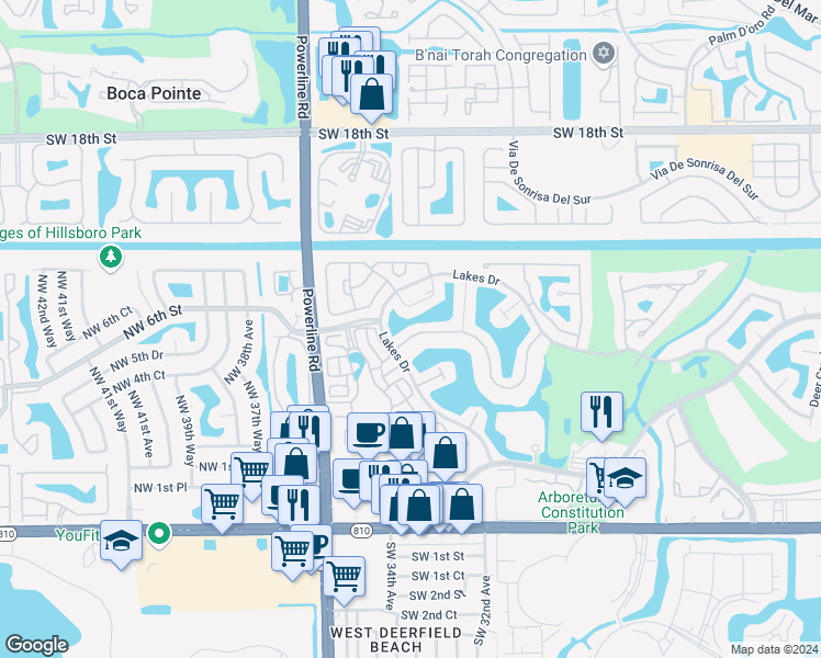 map of restaurants, bars, coffee shops, grocery stores, and more near 3341 Lake Shore Drive in Deerfield Beach