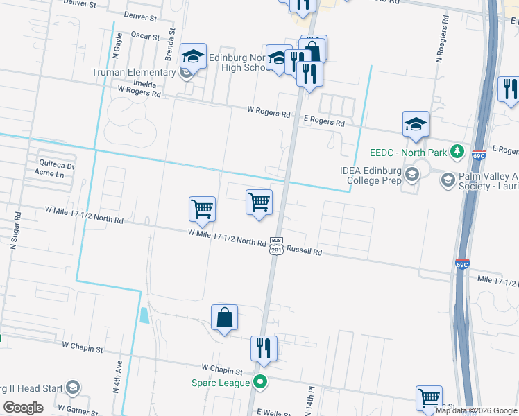 map of restaurants, bars, coffee shops, grocery stores, and more near 215 West Mile 17 1/2 North Road in Edinburg