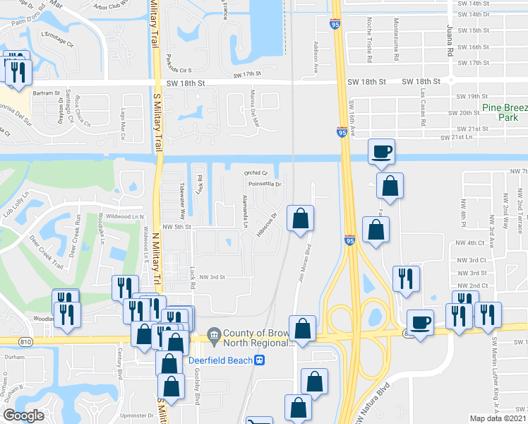 map of restaurants, bars, coffee shops, grocery stores, and more near 516 Hibiscus Drive in Deerfield Beach