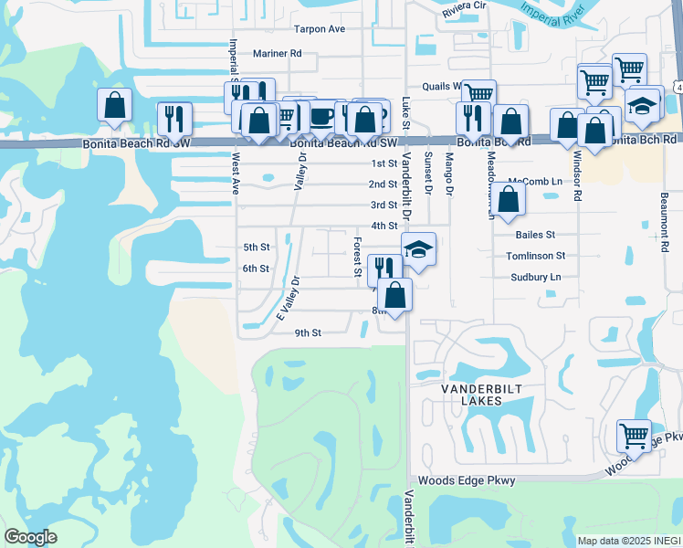 map of restaurants, bars, coffee shops, grocery stores, and more near 101 Maurys Way in Bonita Springs