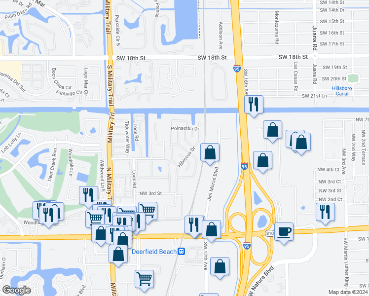 map of restaurants, bars, coffee shops, grocery stores, and more near 507 Alamanda Lane in Deerfield Beach