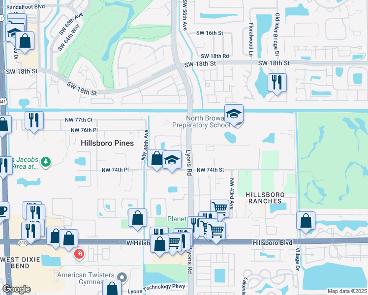 map of restaurants, bars, coffee shops, grocery stores, and more near 7560 Northwest 47th Avenue in Pompano Beach
