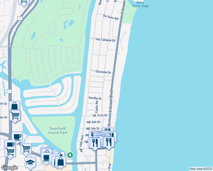 map of restaurants, bars, coffee shops, grocery stores, and more near 2677 South Ocean Boulevard in Boca Raton