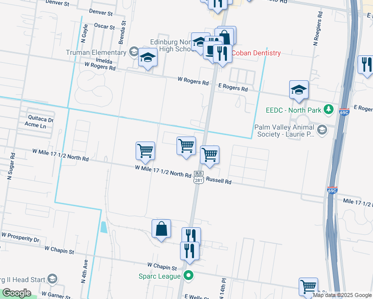 map of restaurants, bars, coffee shops, grocery stores, and more near 204 West Saint Helena Avenue in Edinburg