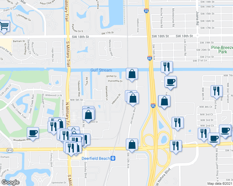 map of restaurants, bars, coffee shops, grocery stores, and more near 413 Bougainvilla Drive in Deerfield Beach