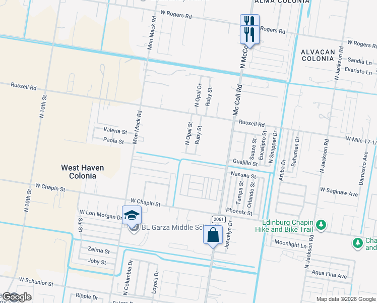 map of restaurants, bars, coffee shops, grocery stores, and more near 1816 North Opal Street in Edinburg