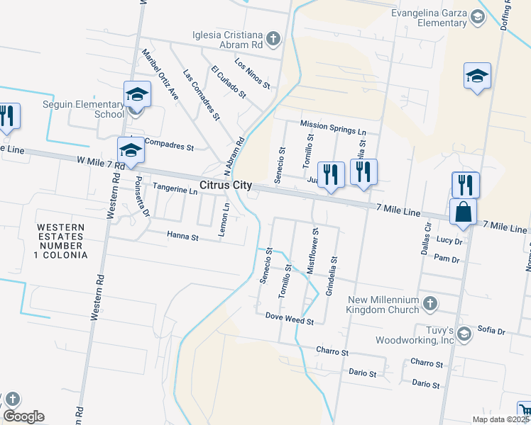 map of restaurants, bars, coffee shops, grocery stores, and more near 8201 Senecio Street in Mission