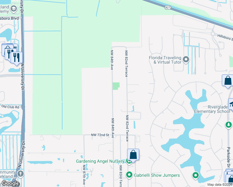 map of restaurants, bars, coffee shops, grocery stores, and more near 7600 Northwest 84th Avenue in Parkland