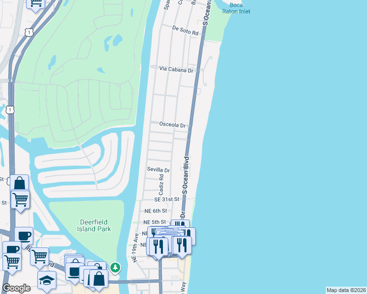 map of restaurants, bars, coffee shops, grocery stores, and more near 2677 South Ocean Boulevard in Boca Raton