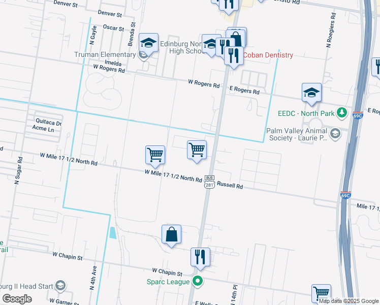 map of restaurants, bars, coffee shops, grocery stores, and more near 212 West Saint Helena Avenue in Edinburg