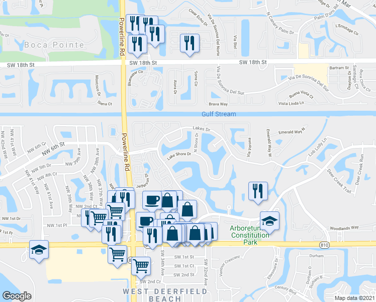 map of restaurants, bars, coffee shops, grocery stores, and more near 3237 Lake Shore Drive in Deerfield Beach