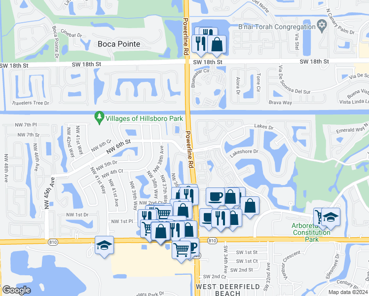 map of restaurants, bars, coffee shops, grocery stores, and more near 3603 Northwest 6th Street in Deerfield Beach