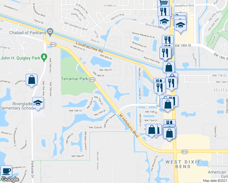 map of restaurants, bars, coffee shops, grocery stores, and more near 2401 Northwest 61st Terrace in Parkland