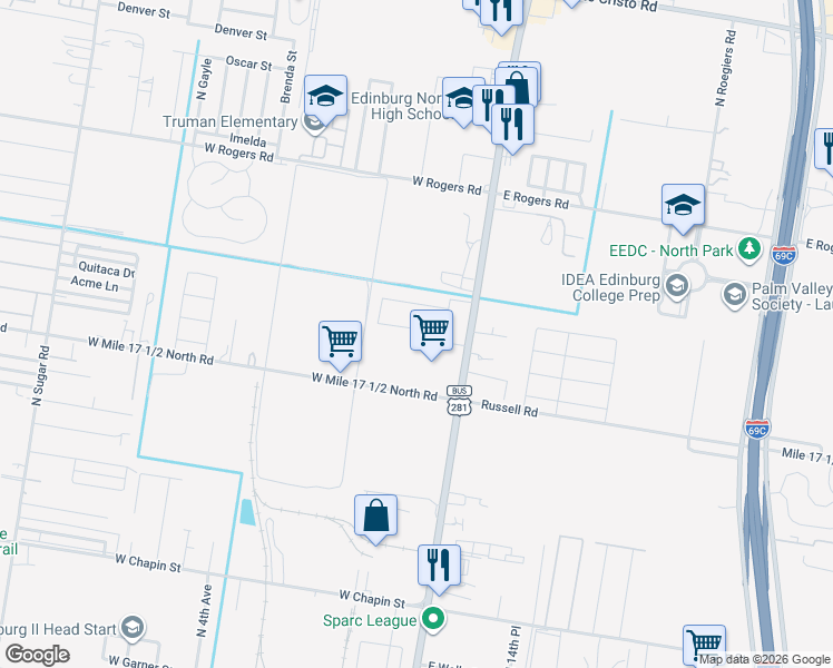 map of restaurants, bars, coffee shops, grocery stores, and more near 215 West Mile 17 1/2 North Road in Edinburg