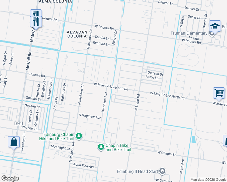 map of restaurants, bars, coffee shops, grocery stores, and more near 1918 West Mile 17 1/2 North Road in Edinburg