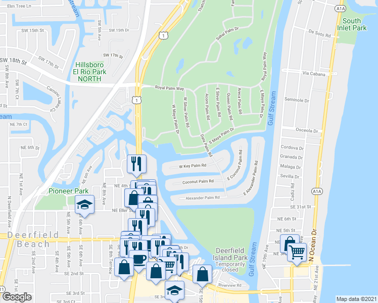 map of restaurants, bars, coffee shops, grocery stores, and more near 230 South Maya Palm Drive in Boca Raton