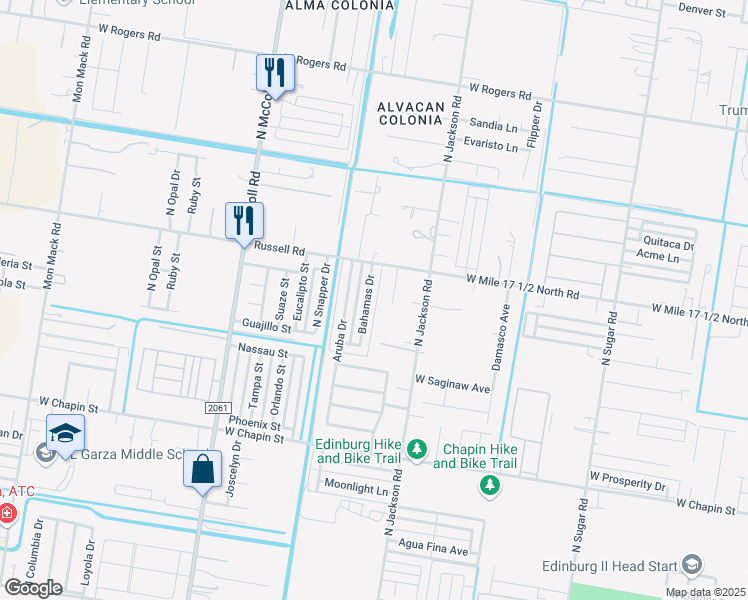 map of restaurants, bars, coffee shops, grocery stores, and more near 2009 Bahamas Drive in Edinburg