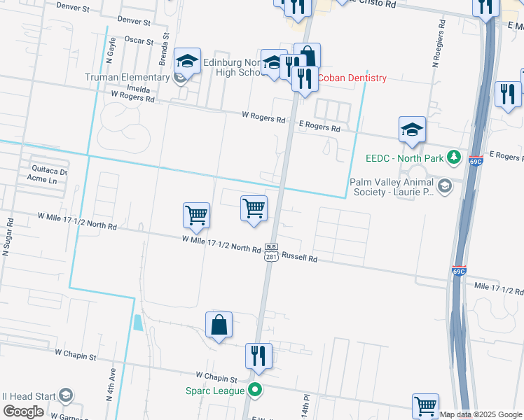 map of restaurants, bars, coffee shops, grocery stores, and more near 2501-2521 North Closner Boulevard in Edinburg