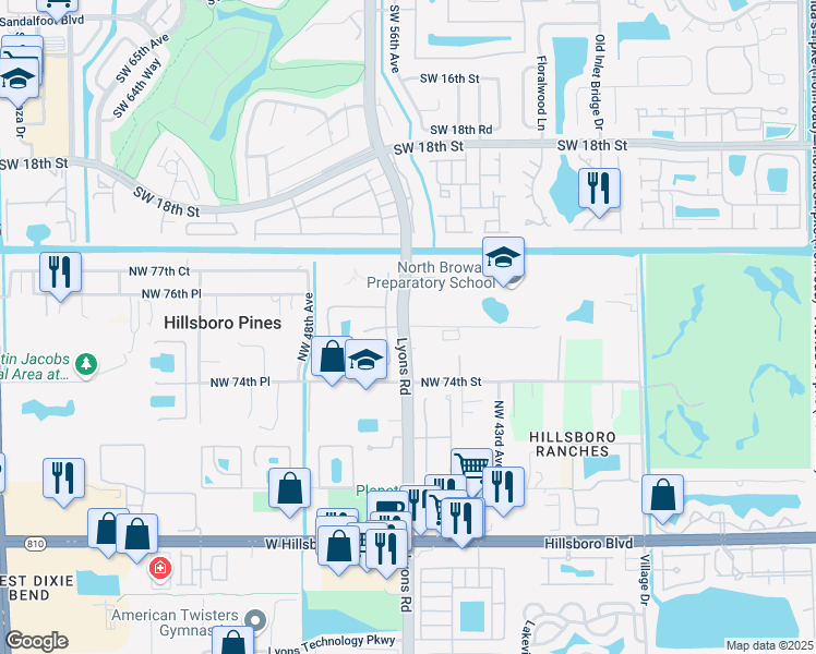 map of restaurants, bars, coffee shops, grocery stores, and more near 7600 Lyons Road in Coconut Creek