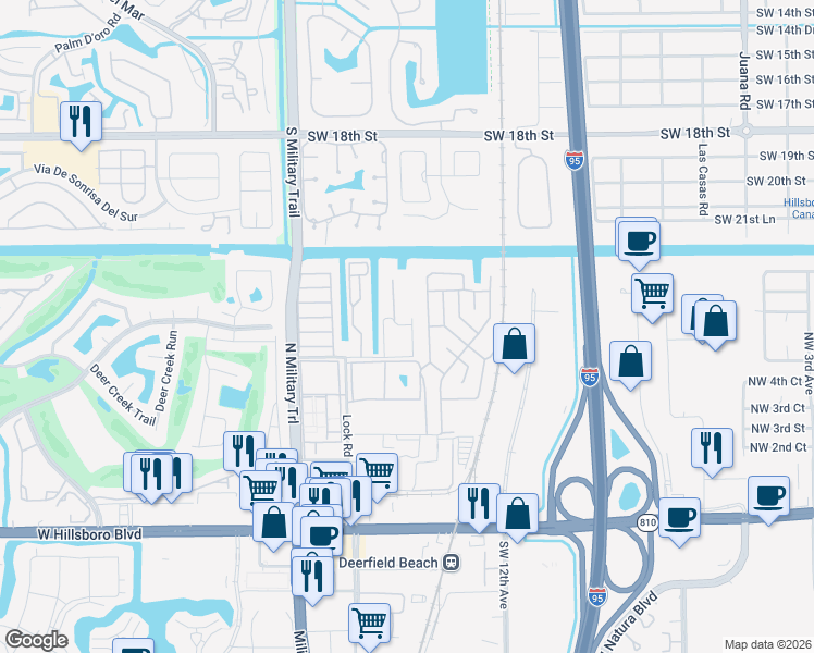 map of restaurants, bars, coffee shops, grocery stores, and more near 634 Northwest 5th Street in Deerfield Beach