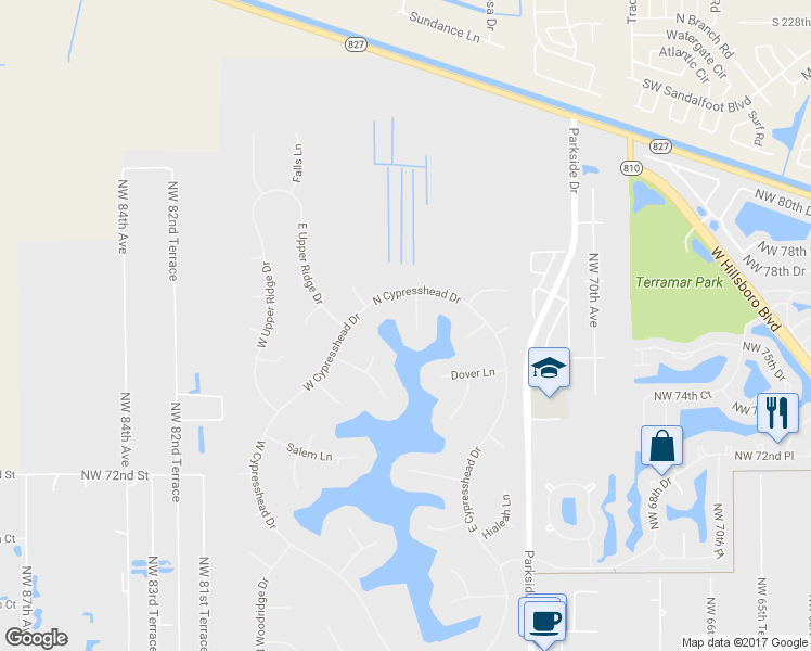 map of restaurants, bars, coffee shops, grocery stores, and more near 7621 Hyannis Lane in Parkland