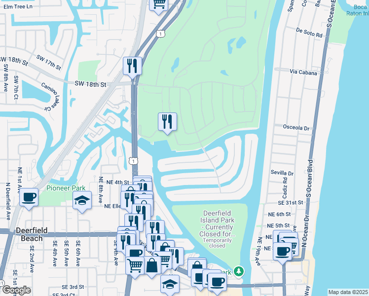map of restaurants, bars, coffee shops, grocery stores, and more near 230 South Maya Palm Drive in Boca Raton