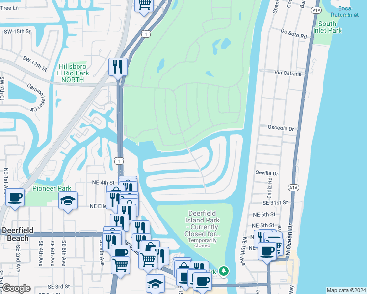 map of restaurants, bars, coffee shops, grocery stores, and more near 278 South Maya Palm Drive in Boca Raton