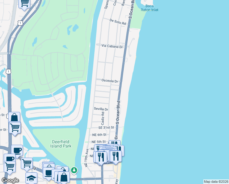 map of restaurants, bars, coffee shops, grocery stores, and more near 2677 South Ocean Boulevard in Boca Raton