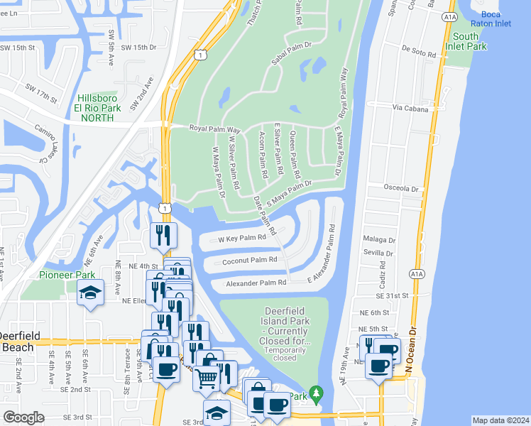 map of restaurants, bars, coffee shops, grocery stores, and more near 278 South Maya Palm Drive in Boca Raton