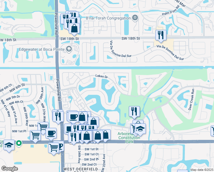 map of restaurants, bars, coffee shops, grocery stores, and more near 3165 Lakeshore Drive in Deerfield Beach