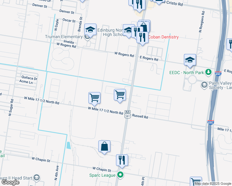 map of restaurants, bars, coffee shops, grocery stores, and more near 212 West Saint Helena Avenue in Edinburg