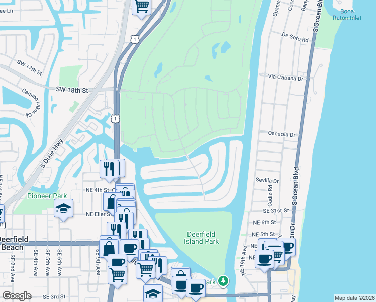 map of restaurants, bars, coffee shops, grocery stores, and more near 278 South Maya Palm Drive in Boca Raton