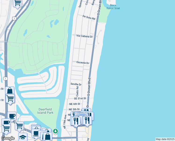 map of restaurants, bars, coffee shops, grocery stores, and more near 2677 South Ocean Boulevard in Boca Raton