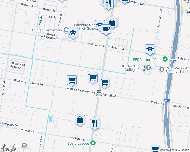 map of restaurants, bars, coffee shops, grocery stores, and more near 201 West Saint Helena Avenue in Edinburg