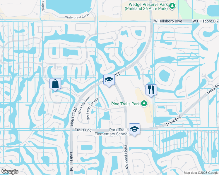 map of restaurants, bars, coffee shops, grocery stores, and more near 11010 Nob Hill Road in Parkland