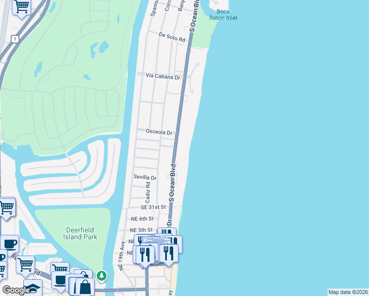 map of restaurants, bars, coffee shops, grocery stores, and more near 2600 South Ocean Boulevard in Boca Raton