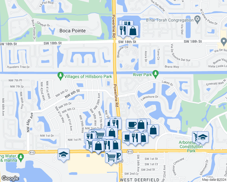map of restaurants, bars, coffee shops, grocery stores, and more near 3603 Northwest 6th Street in Deerfield Beach