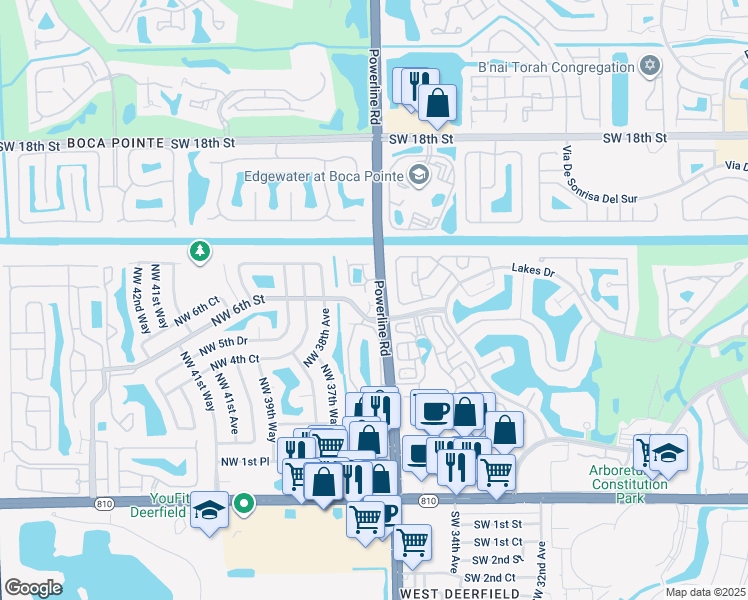 map of restaurants, bars, coffee shops, grocery stores, and more near 3639 Northwest 6th Street in Deerfield Beach