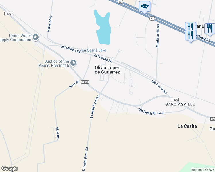 map of restaurants, bars, coffee shops, grocery stores, and more near 6313 Farm to Market Road 1430 in Rio Grande City