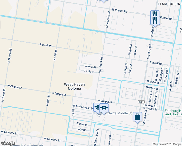 map of restaurants, bars, coffee shops, grocery stores, and more near 3706 Paola Street in Edinburg