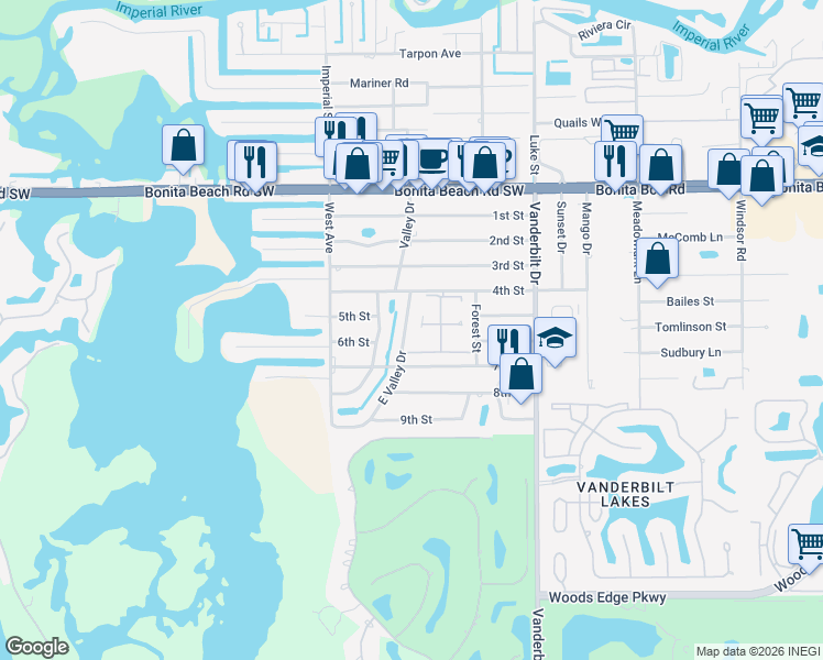 map of restaurants, bars, coffee shops, grocery stores, and more near 13 Maurys Way in Bonita Springs
