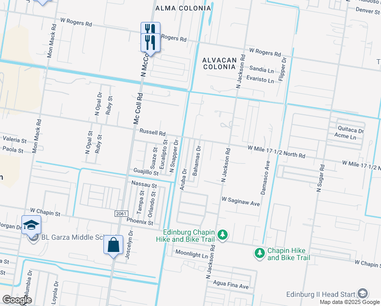 map of restaurants, bars, coffee shops, grocery stores, and more near 2020 Aruba Drive in Edinburg