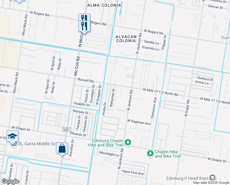 map of restaurants, bars, coffee shops, grocery stores, and more near 2009 Bahamas Drive in Edinburg