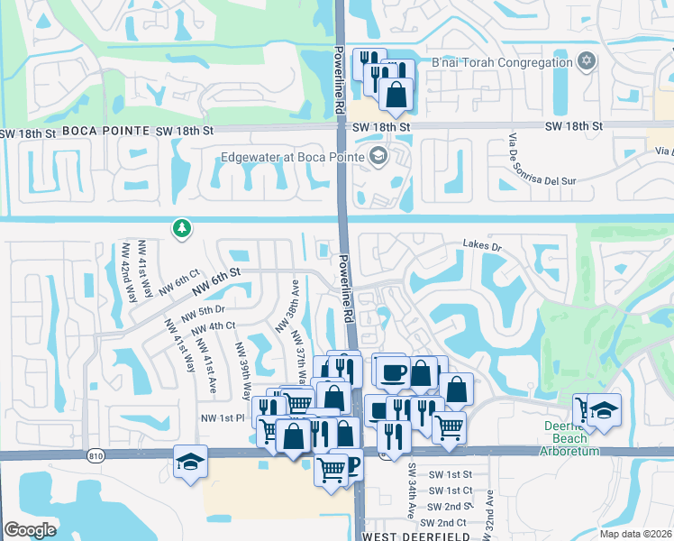 map of restaurants, bars, coffee shops, grocery stores, and more near 3603 Northwest 6th Street in Deerfield Beach