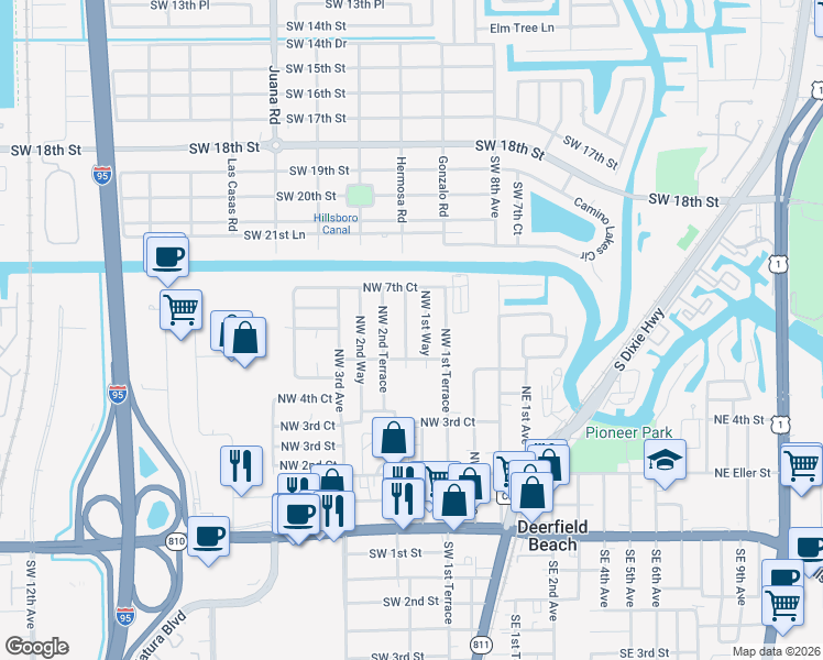 map of restaurants, bars, coffee shops, grocery stores, and more near 536 Northwest 2nd Terrace in Deerfield Beach