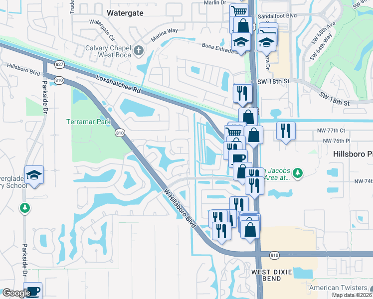 map of restaurants, bars, coffee shops, grocery stores, and more near 7665 Northwest 61st Terrace in Parkland