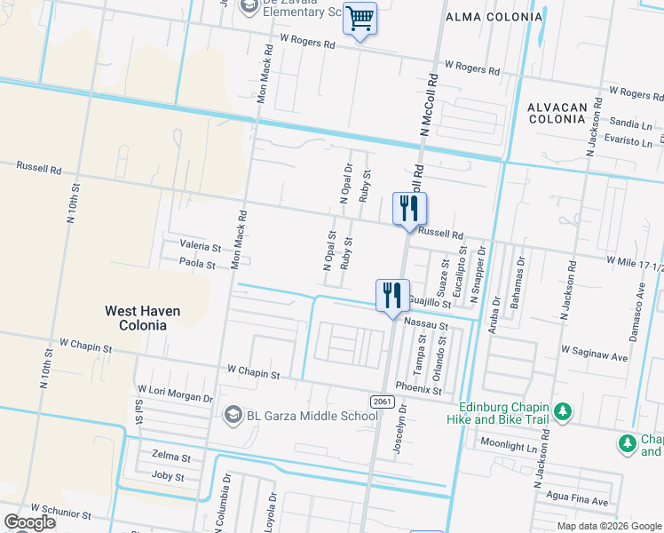 map of restaurants, bars, coffee shops, grocery stores, and more near 1816 North Opal Street in Edinburg