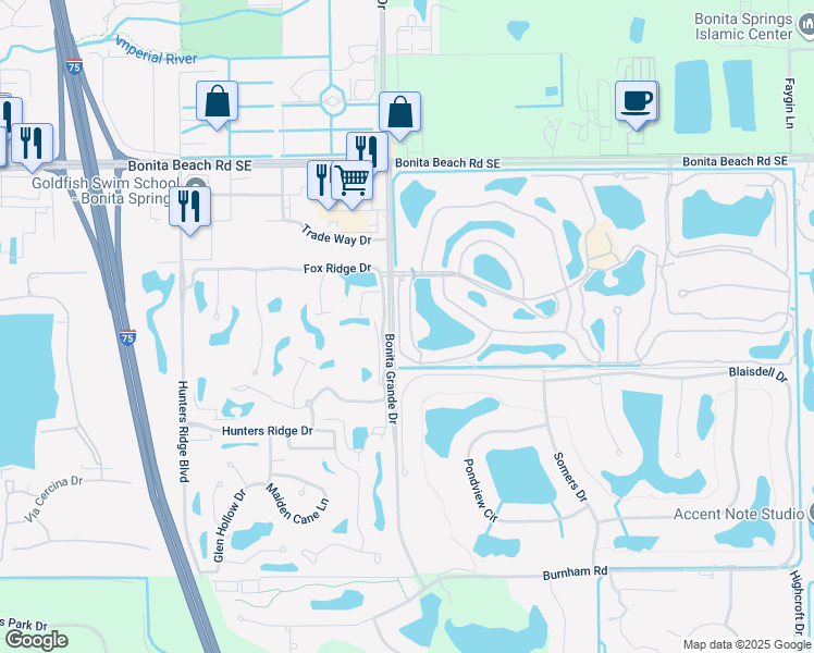 map of restaurants, bars, coffee shops, grocery stores, and more near 13040 Amberley Court in Bonita Springs